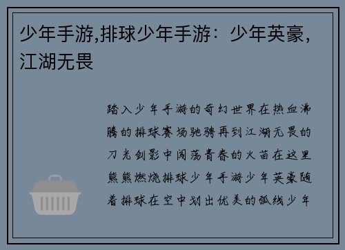 少年手游,排球少年手游：少年英豪，江湖无畏